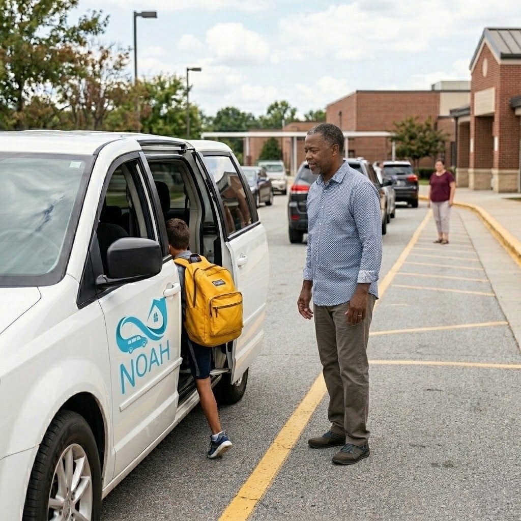 Noah Cares driver walking a student to the van