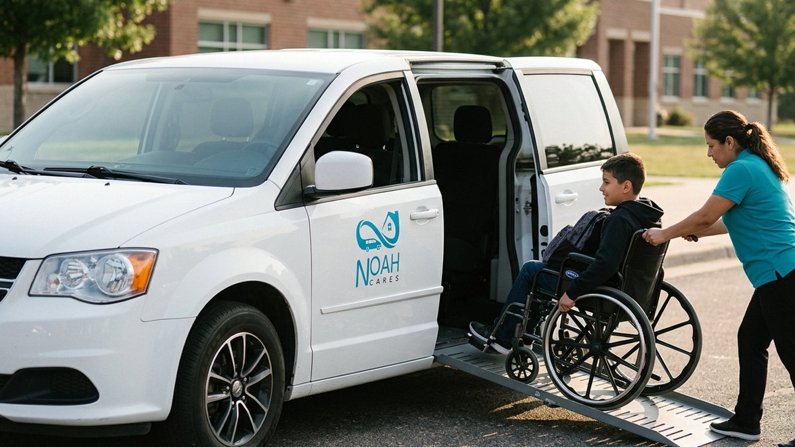 Students boarding a Noah Cares van outside a Colorado school